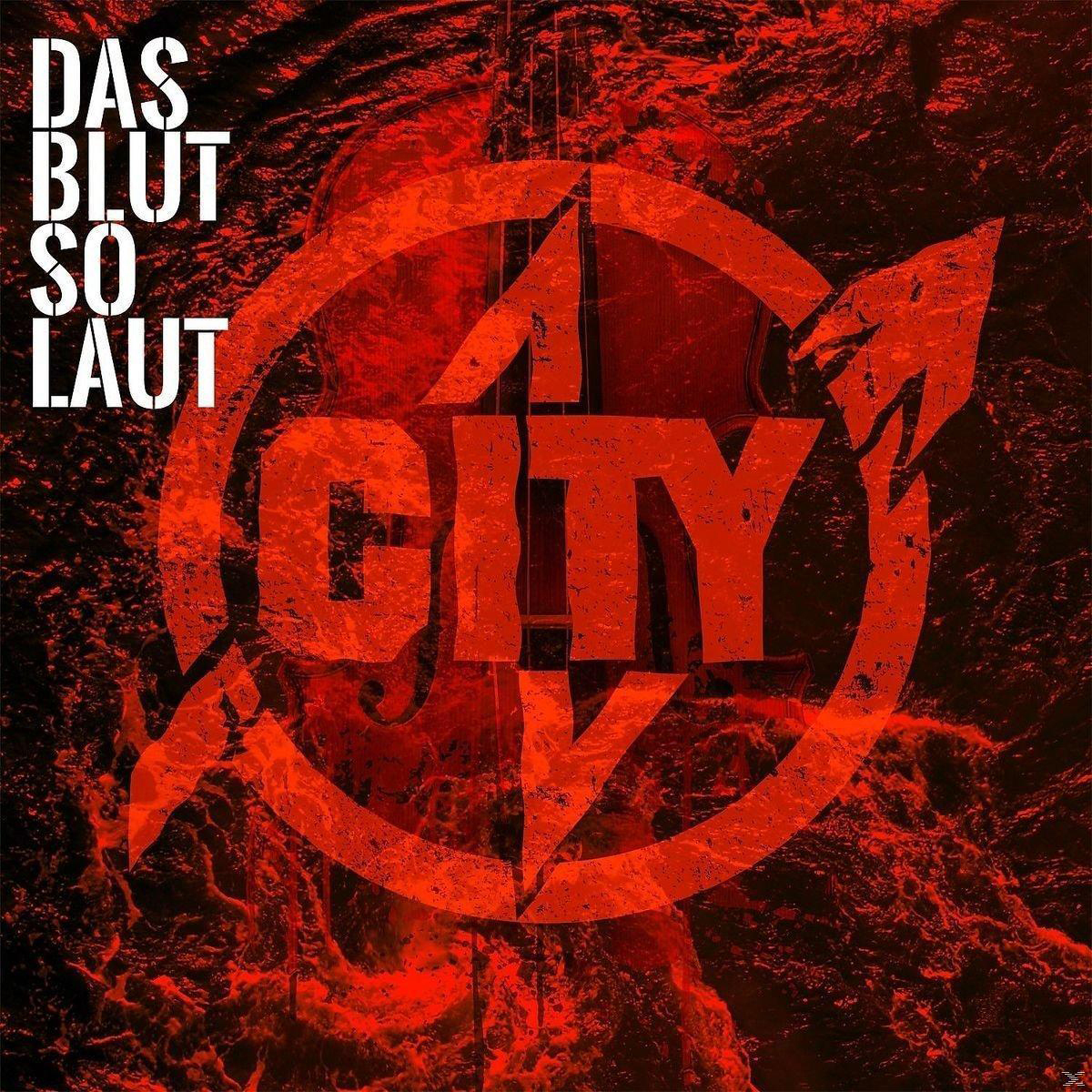 Albumcover: Roter Hintergrund mit einem Kreis und dem Text: 1 CITY, DAS BLUT SO LAUT.