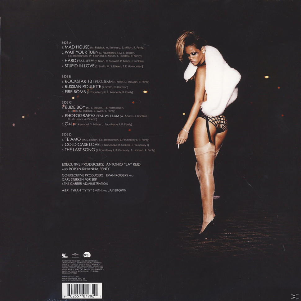 Frau in Dessous und Pelzmantel mit Zigarette, Albumcover mit Titelliste.