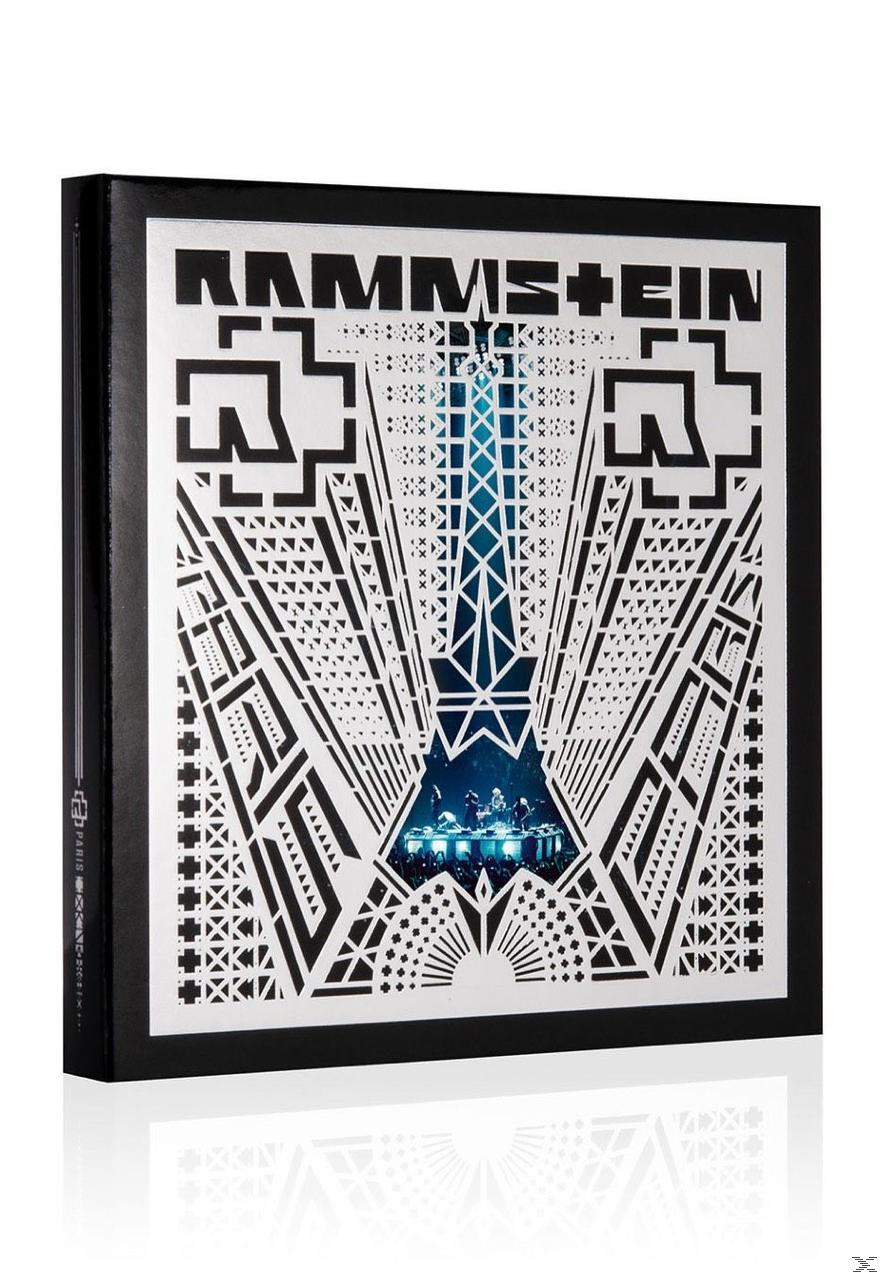 Schwarzer Buchumschlag: Rammstein, Paris, mit weißem geometrischen Design und Blick auf den Eiffelturm.