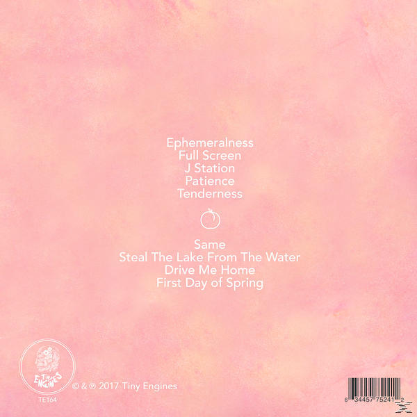 Rückseite des Albums. Rosa Hintergrund, Titelliste. Ein kleiner oranger Kreis in der Mitte des Albums.