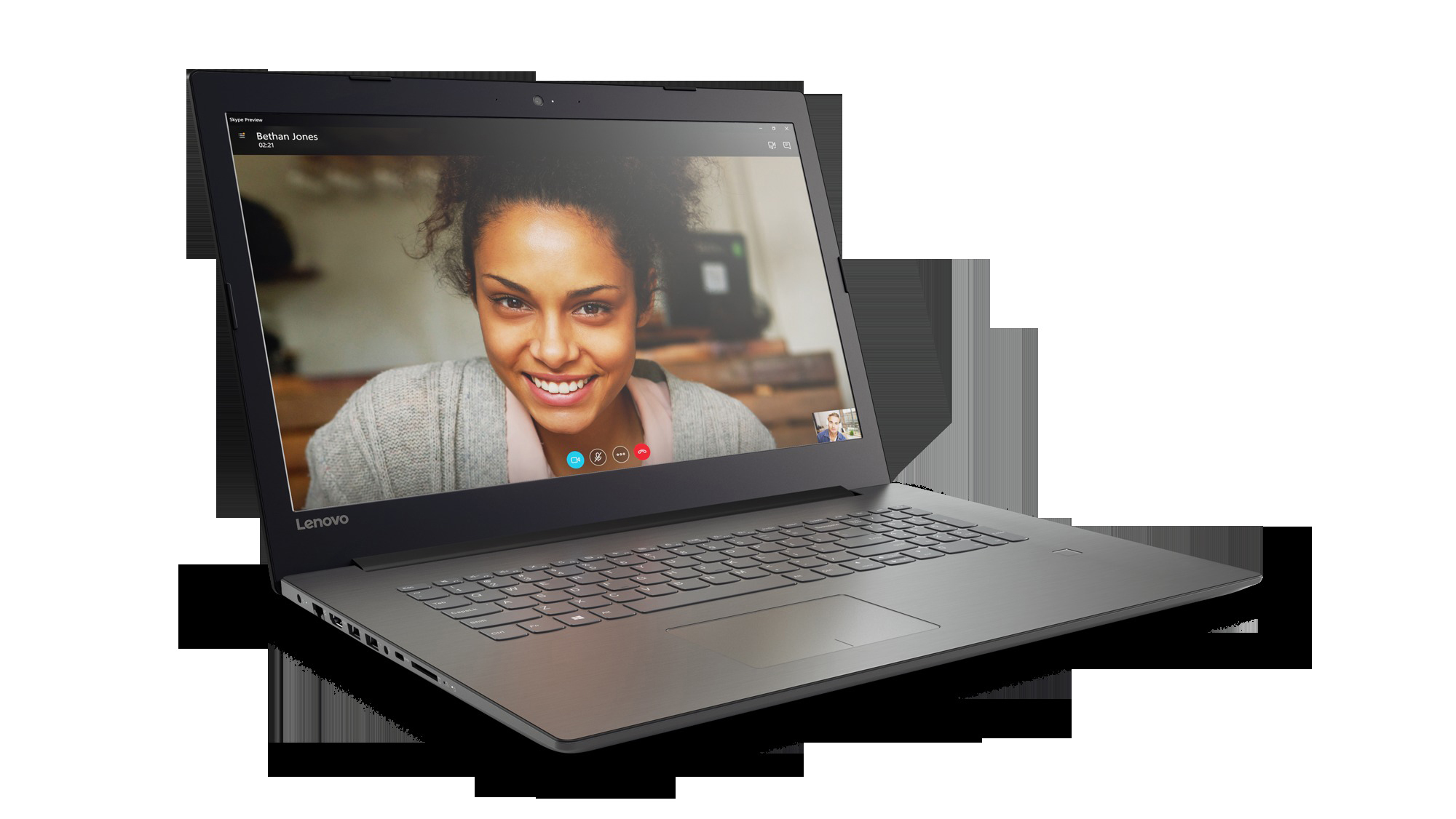 Laptop mit Videoanruf auf dem Bildschirm, eine lächelnde Frau. Lenovo-Logo unten.