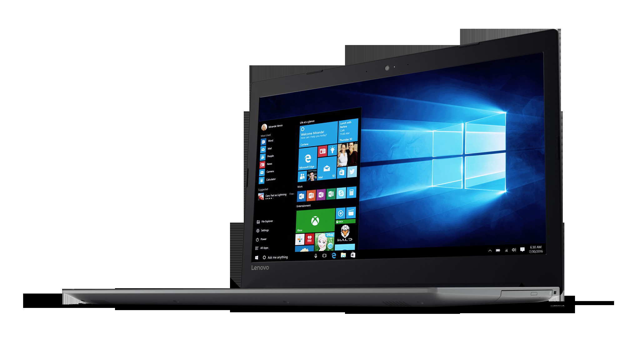 Schwarzer Lenovo Laptop, geöffnet, Windows-Bildschirm sichtbar. Der Hintergrund ist eine weiße Oberfläche.