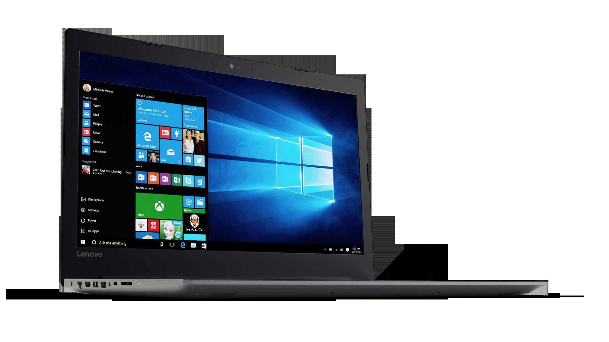 Laptop. Lenovo Marke. Offener Bildschirm mit Windows 10 Oberfläche. Weißer Hintergrund.