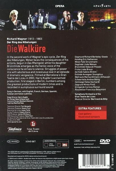 DVD-Hülle hinten mit Beschreibung von Richard Wagners Die Walküre auf Deutsch und Englisch, Besetzungsliste und Logos.