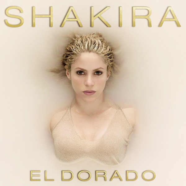 Shakira in einer Badewanne, Kopf und Schultern, mit goldenen Buchstaben.