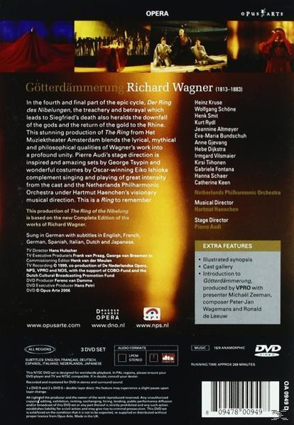 DVD-Rückseite: Oper mit Text, Illustrationen und Credits. Schwarzer Hintergrund mit gelbem Schein.