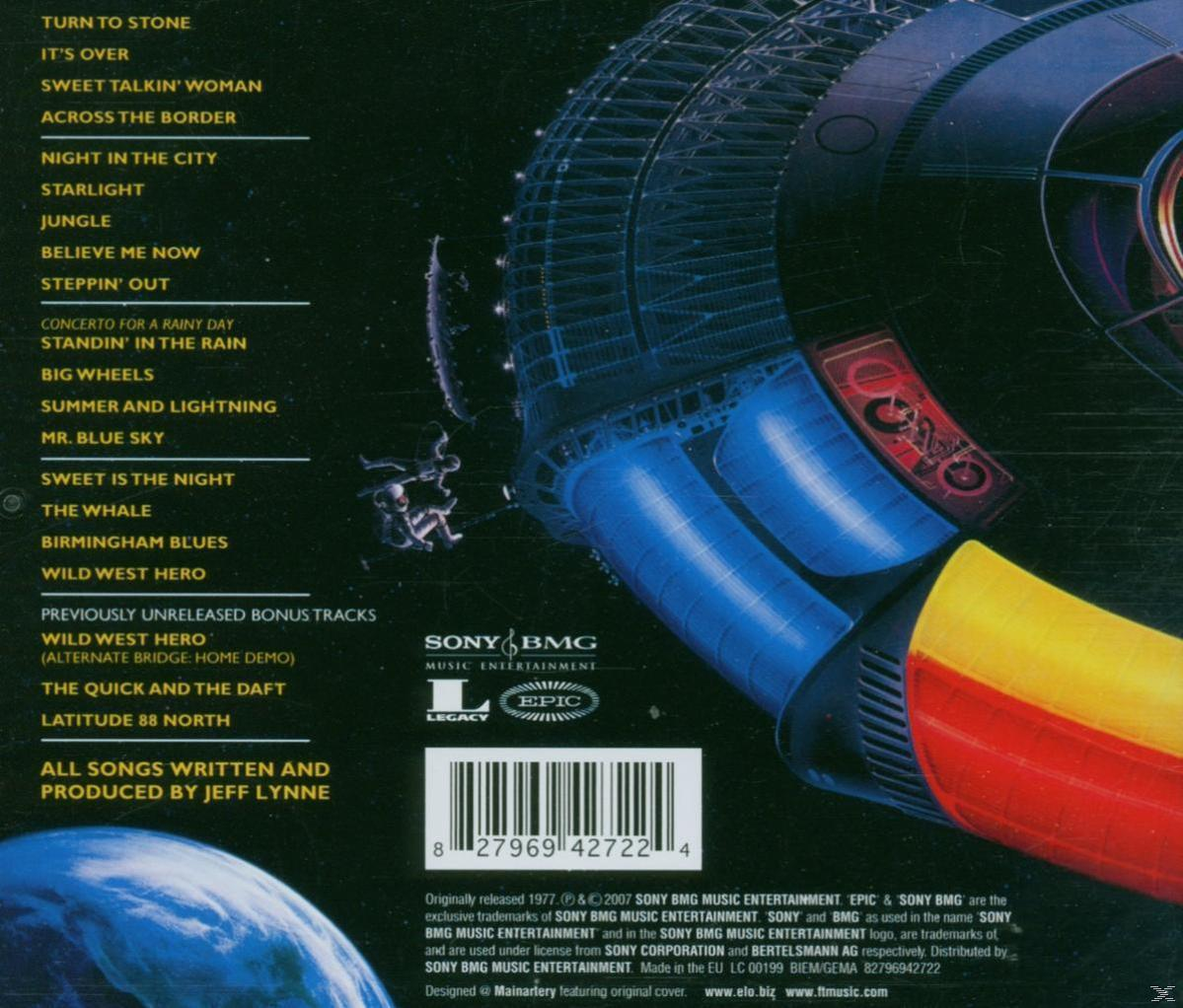 Albumcover mit Trackliste und Bild eines Flugzeugs auf dunkelblauem und rotem Hintergrund.