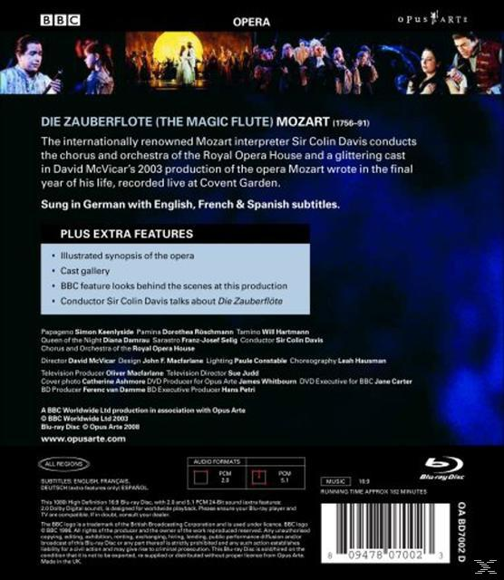 Rückseite der Die Zauberflote Oper DVD mit Text und Fotos der Besetzung. Enthält Blu-ray Disc.
