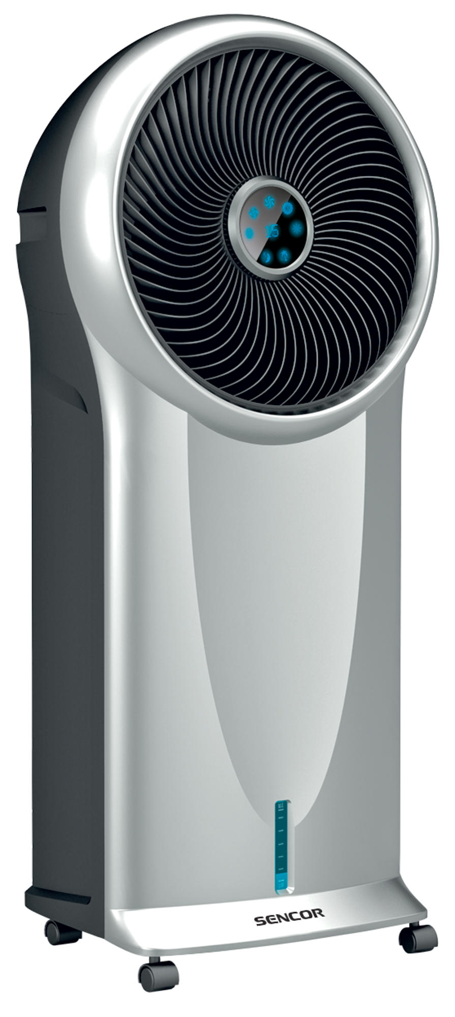 Ezüst-fekete Sencor légkondicionáló ventilátorral és vezérlőpanellel.