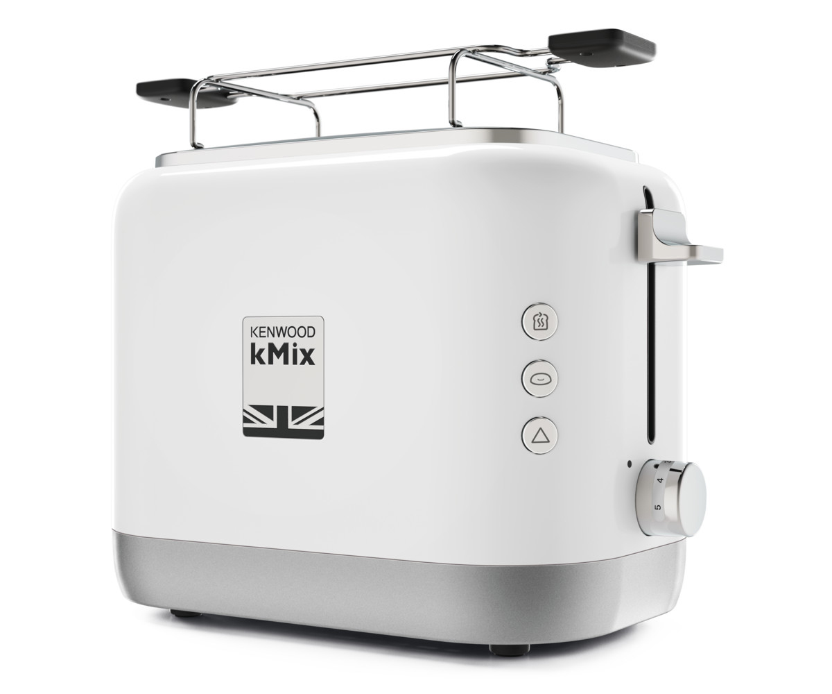 Un grille-pain Kenwood blanc avec une base et des accents argentés. Possède trois boutons et un cadran à l'avant.