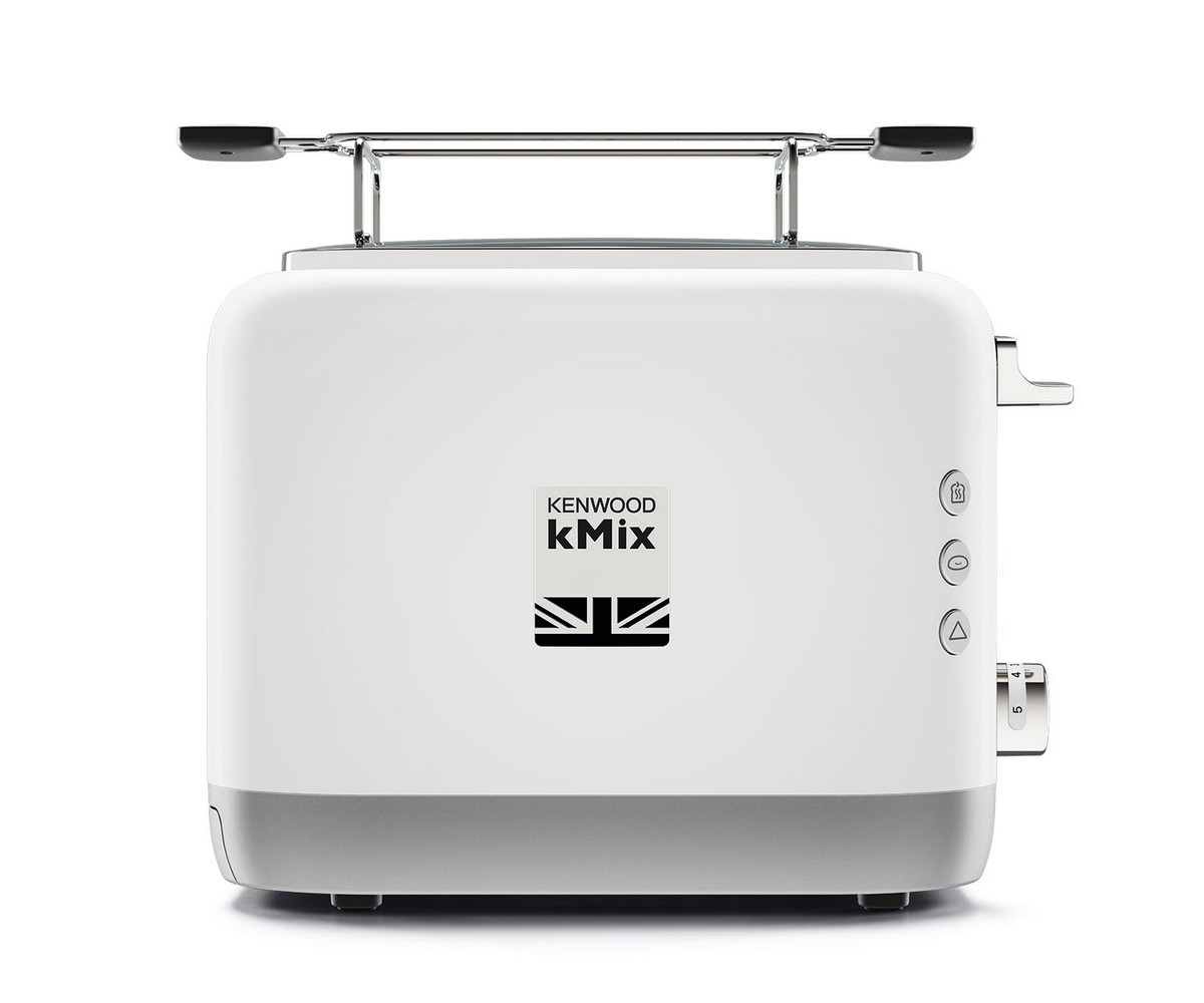 Grille-pain Kenwood Kmix blanc et gris. Il a une garniture argentée. Les boutons sont à droite.