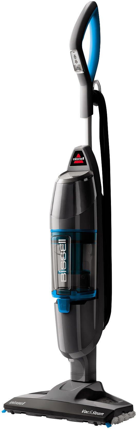 Nettoyeur Bissell Vac & Steam noir et gris avec des touches de bleu, design vertical. Comporte une poignée et une tête de nettoyage.
