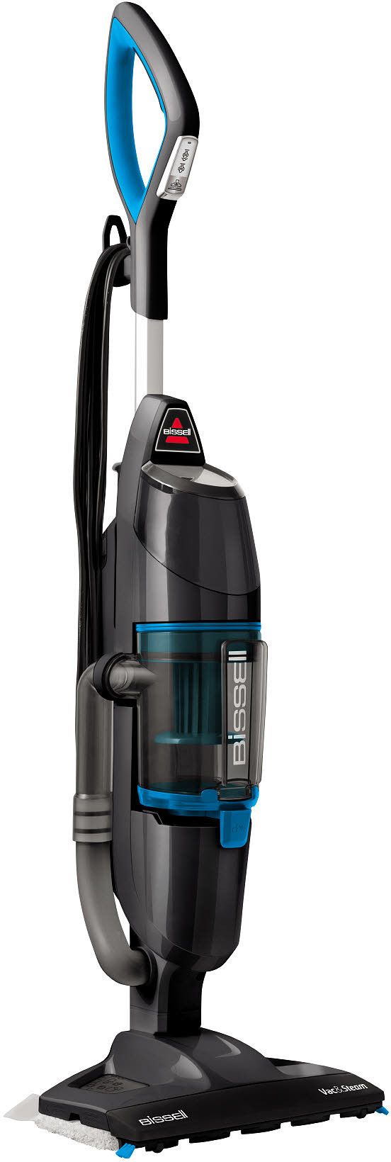 Un nettoyeur vapeur Bissell noir et bleu est debout. Il a une longue poignée et une tête de nettoyage à la base.