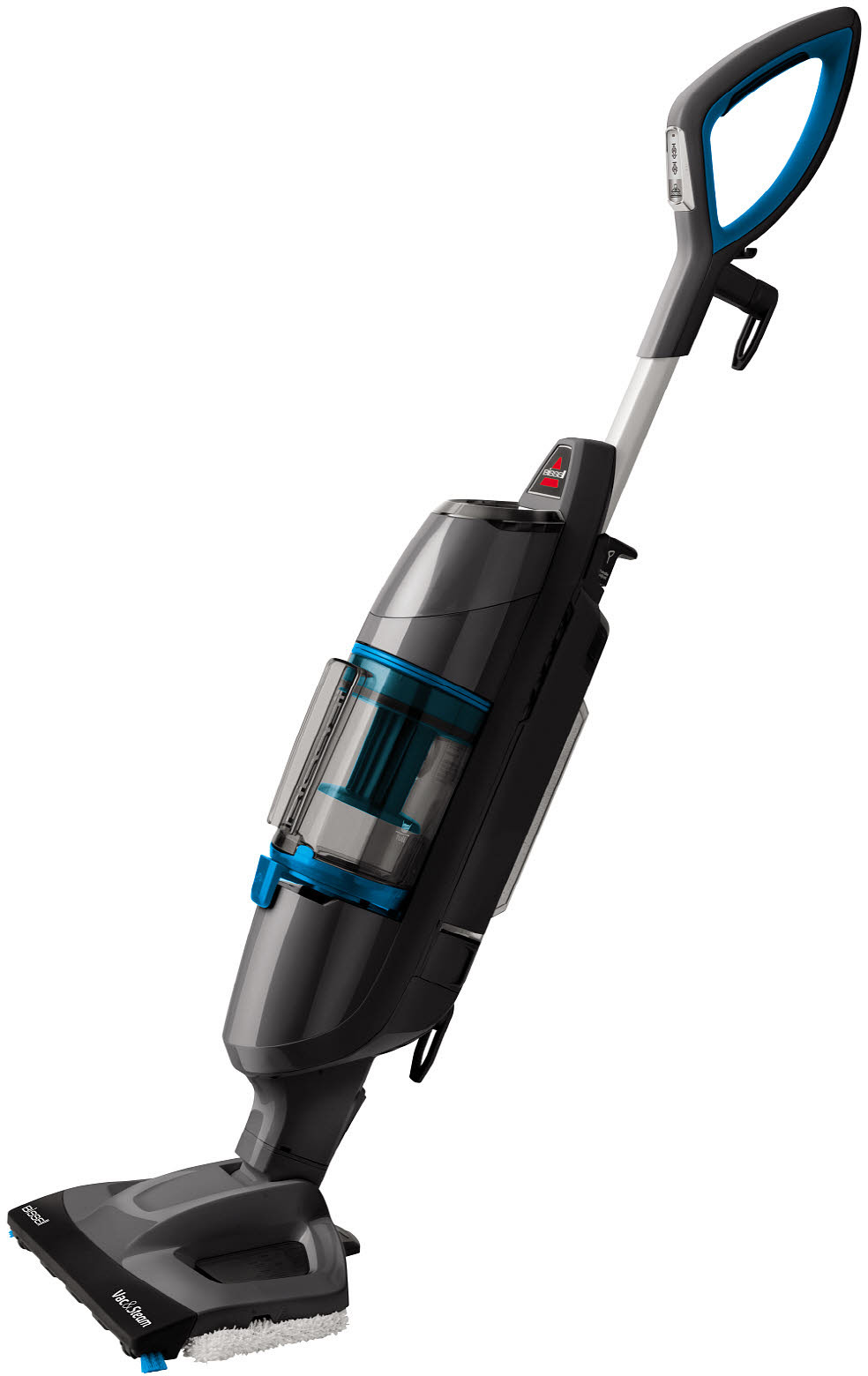 Un aspirateur Bissell noir et bleu sur fond blanc.