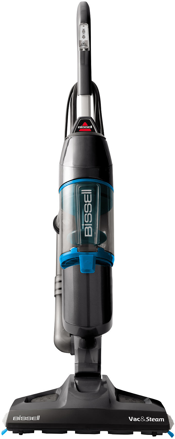Un aspirateur vertical Bissell Vac & Steam. Gris et noir, avec un réservoir d'eau bleu.