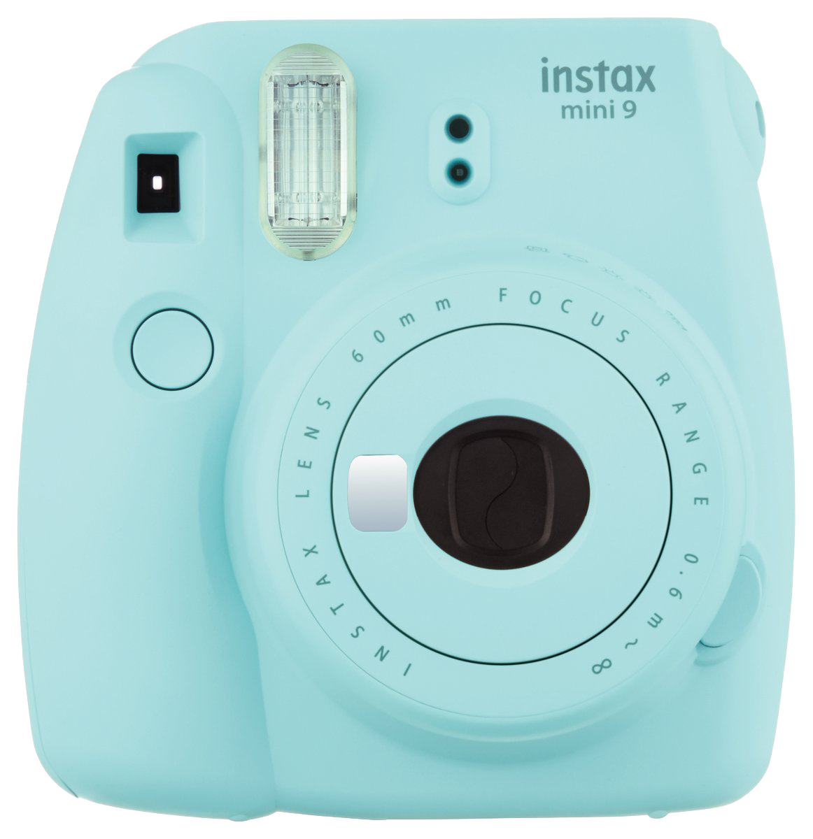 Un appareil photo Instax Mini 9 bleu clair. L'appareil photo dispose d'un objectif, d'un flash et d'autres boutons.