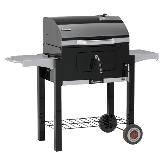 Fekete-szürke grill. Landmann márkanév. Ezüst oldalsó asztalok. Kerekek. Fekete háttér.