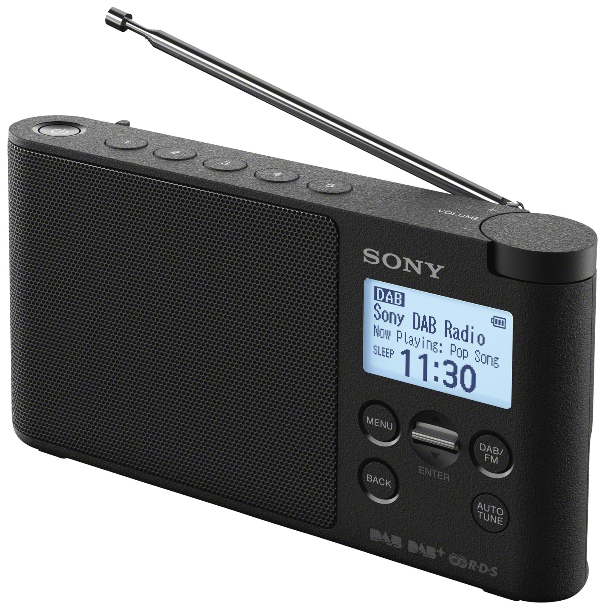 Radio DAB Sony noire avec écran numérique affichant l'heure et les informations radio.