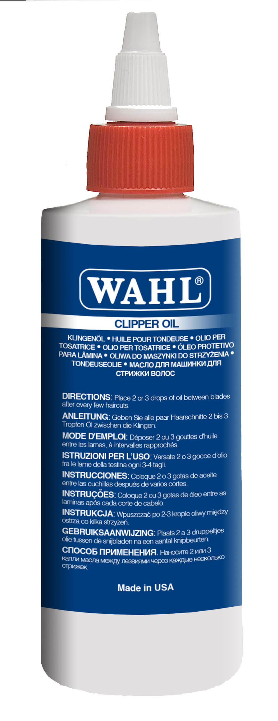 Eine Flasche Wahl-Haarschneidemaschinenöl. Das Etikett zeigt Anweisungen und Produktinformationen.