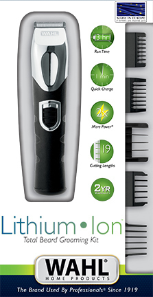 Wahl Lithium Ion Total Bartpflege-Set-Box mit Trimmer und Kammaufsätzen. Weißes und schwarzes Design.