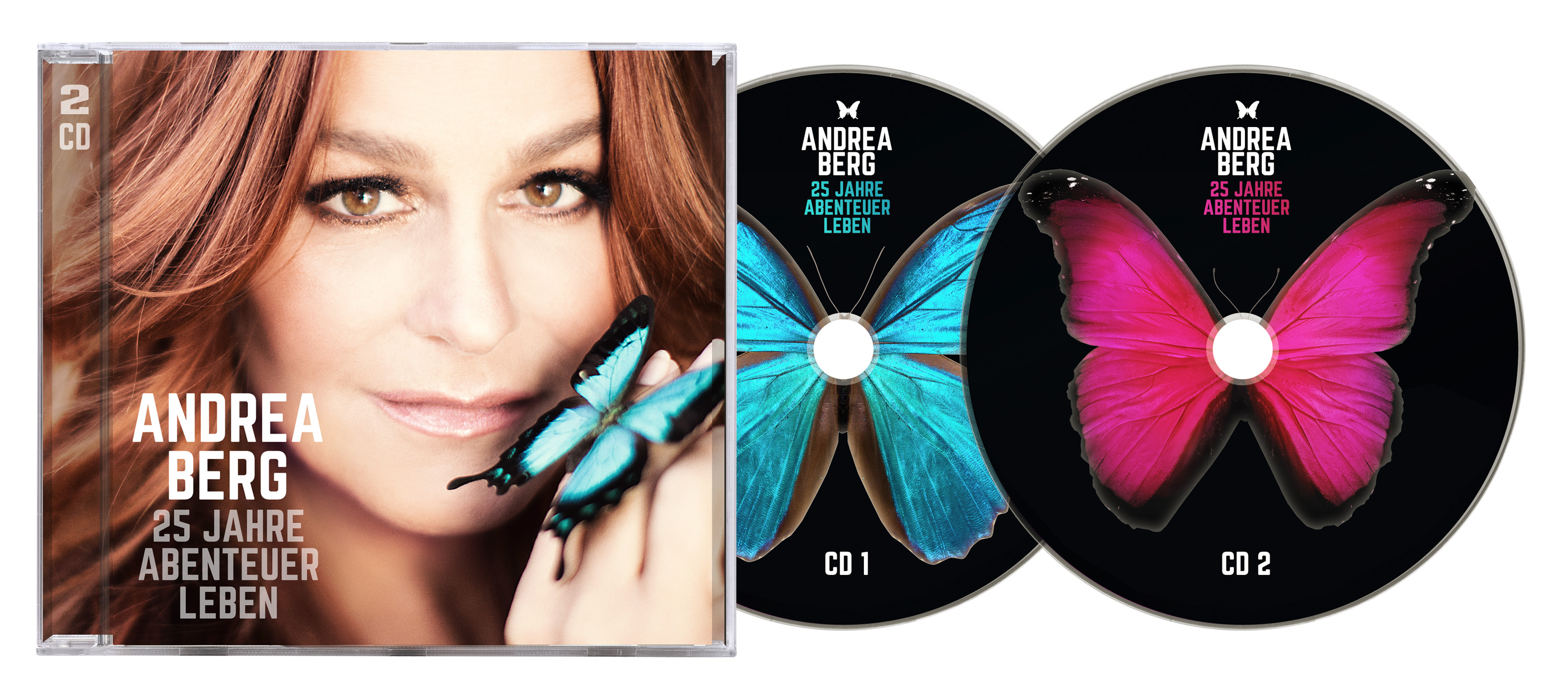 Albumcover mit Andrea Berg. 25 Jahre Abenteuer Leben Titel und zwei CDs mit Schmetterlingen.