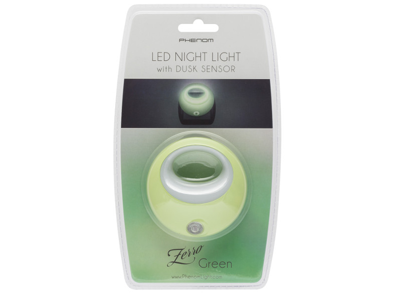 Egy zöld-fehér LED-es éjszakai fény csomagolásban, alkonyérzékelővel és 'Zerro Green' névvel.