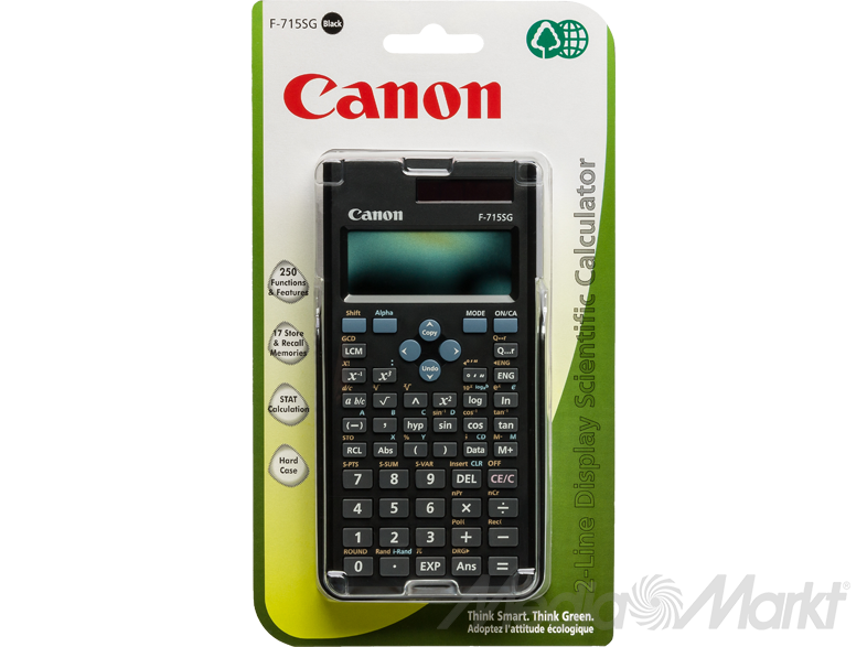 Egy Canon számológép a csomagolásában. A számológép fekete, kijelzővel és gombokkal.