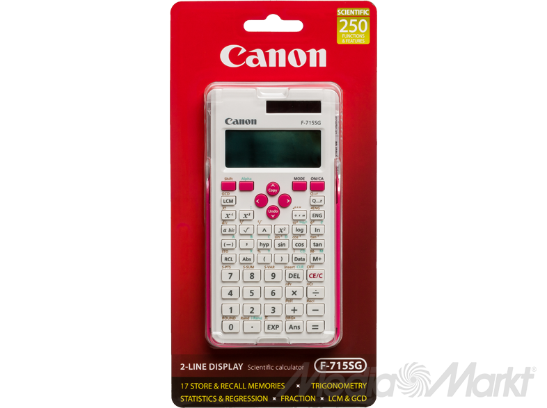 Canon tudományos számológép csomagolásban. Fehér test, piros gombok.