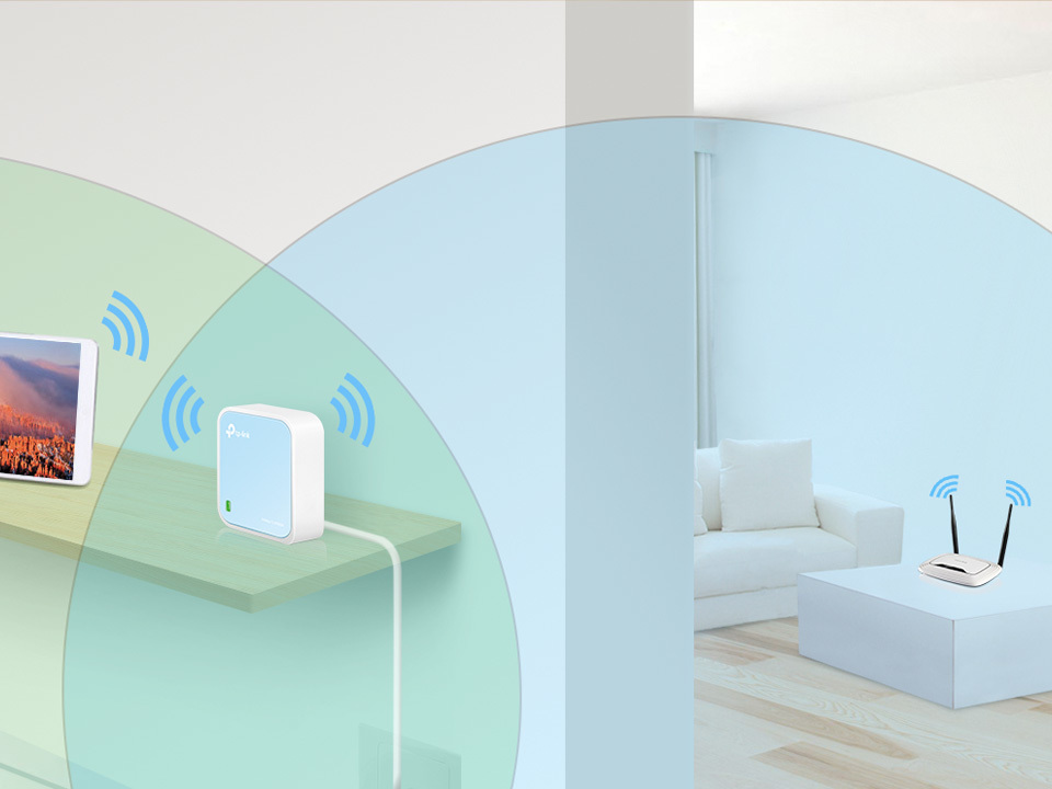 WLAN-Router und Tablet zeigen WLAN-Reichweite, hellblaue Halbkreise zeigen Abdeckung.