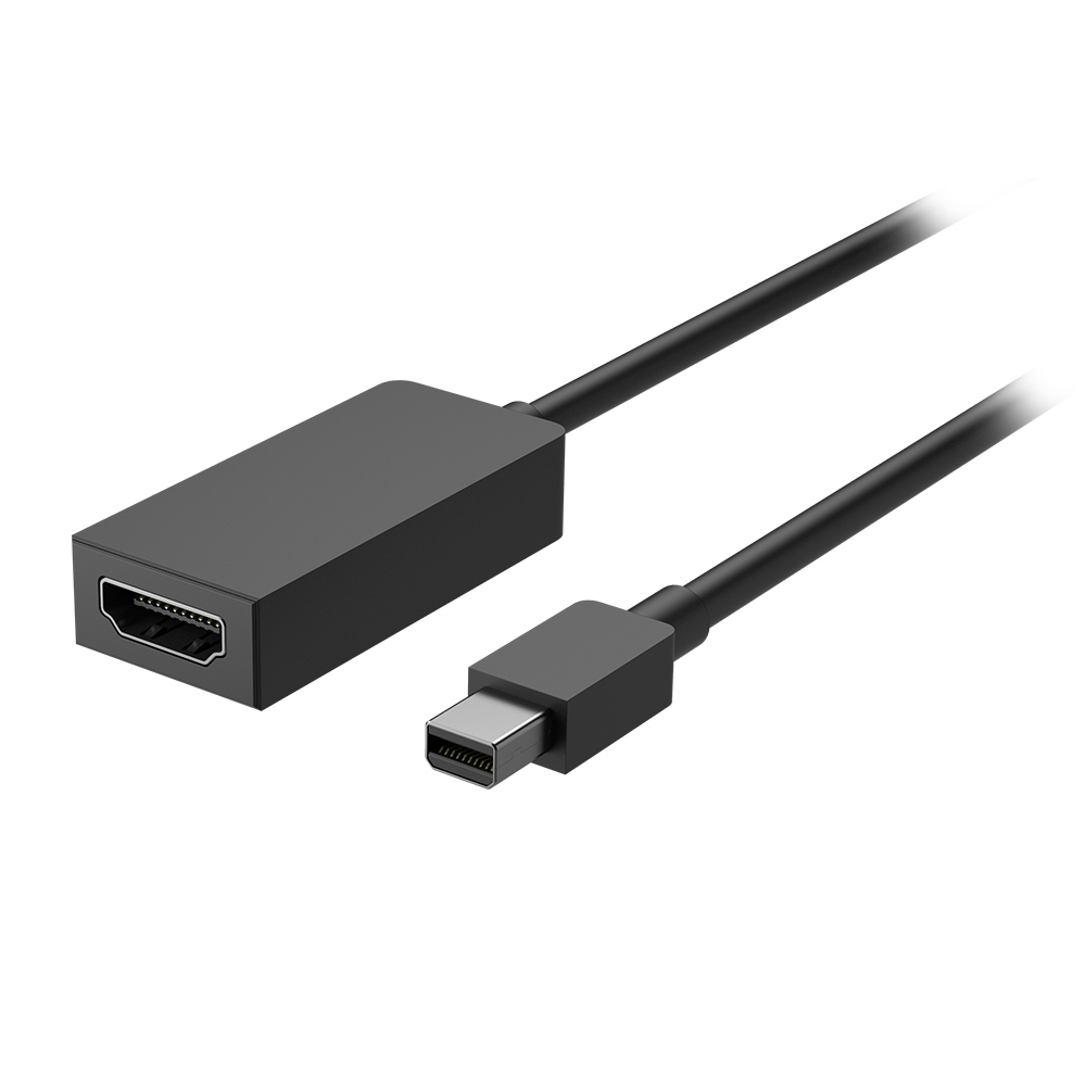 Schwarzes HDMI-zu-Mini-DisplayPort-Kabel, Anschlüsse an beiden Enden, vor weißem Hintergrund.
