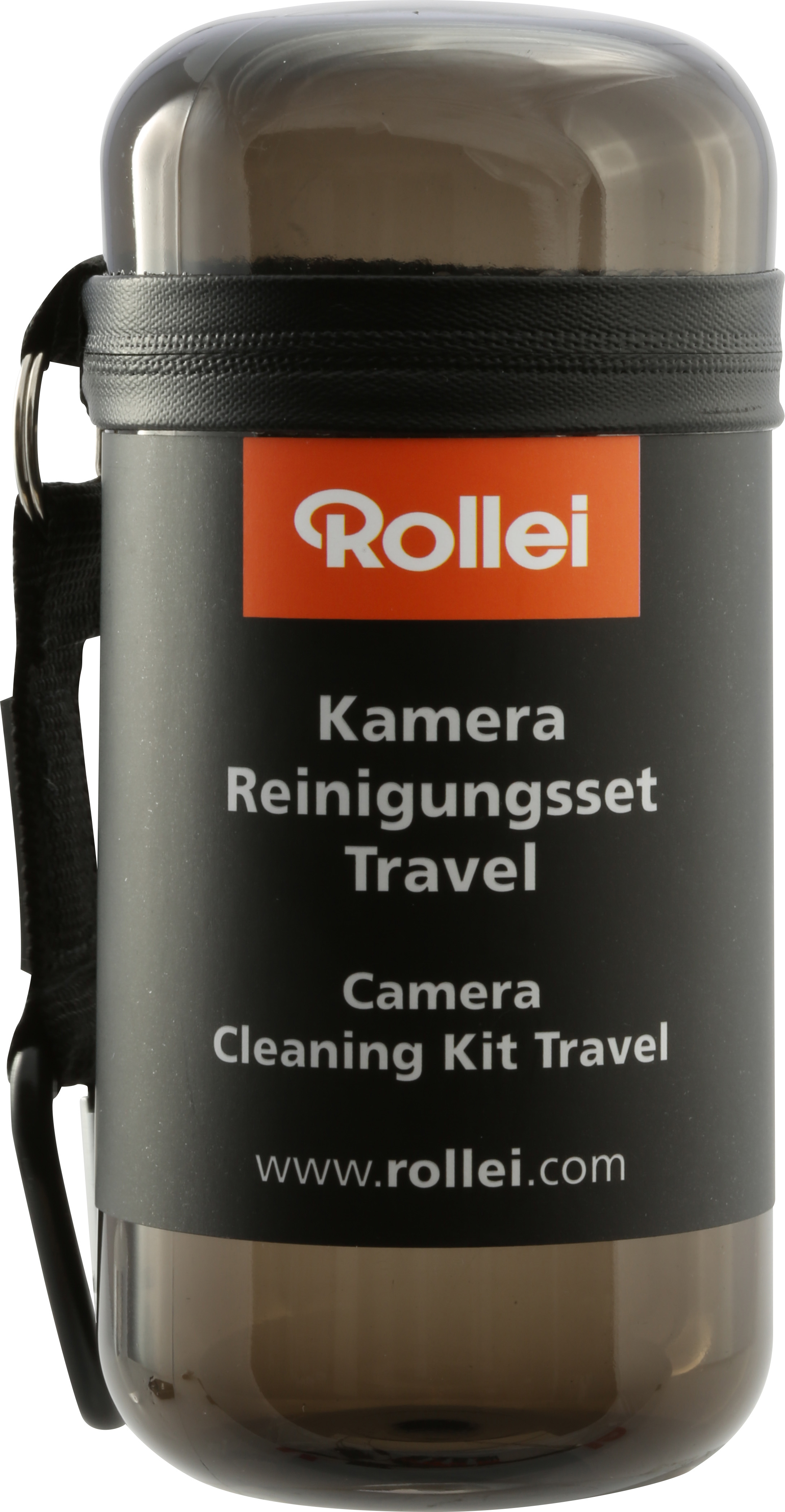 Zwarte reis-camerareinigingskit in een cilindrische fles. De merknaam Rollei is zichtbaar.
