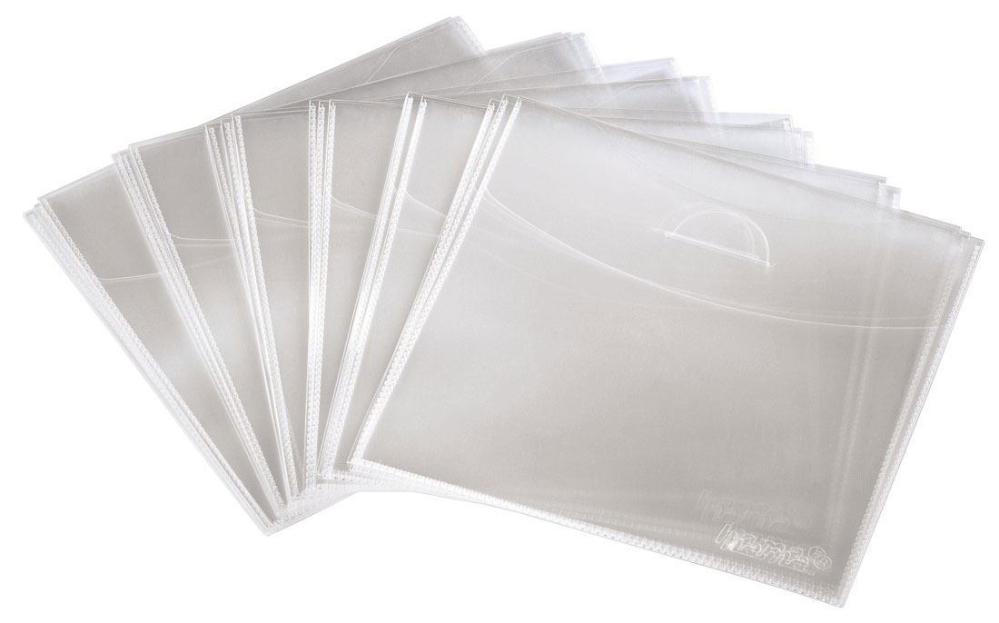 Een waaier van doorzichtige plastic hoezen, open om een ​​handvat en de binnenkant te laten zien.