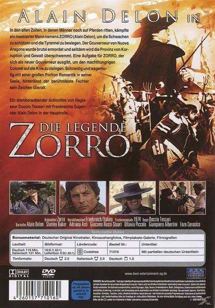 Die Rückseite einer DVD-Hülle mit Text und Bildern. Es ist ein Film über Zorro.