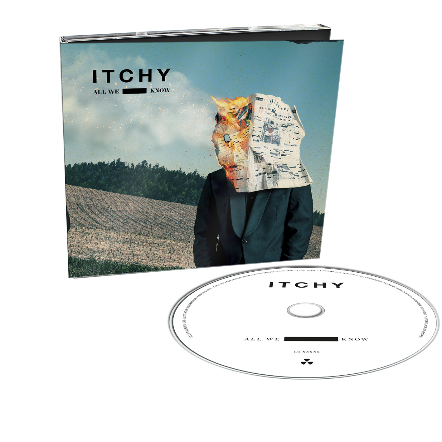CD-Cover mit einem Mann mit brennendem Zeitungskopf auf einem dunkelgrünen Feld.