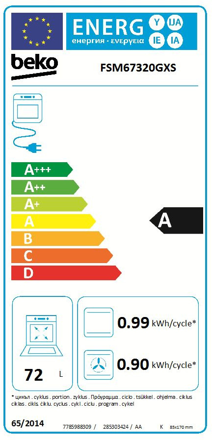 Energielabel voor een Beko-oven. Toont energie-efficiëntieklassen (A+++ tot D), energieverbruik en specificaties.