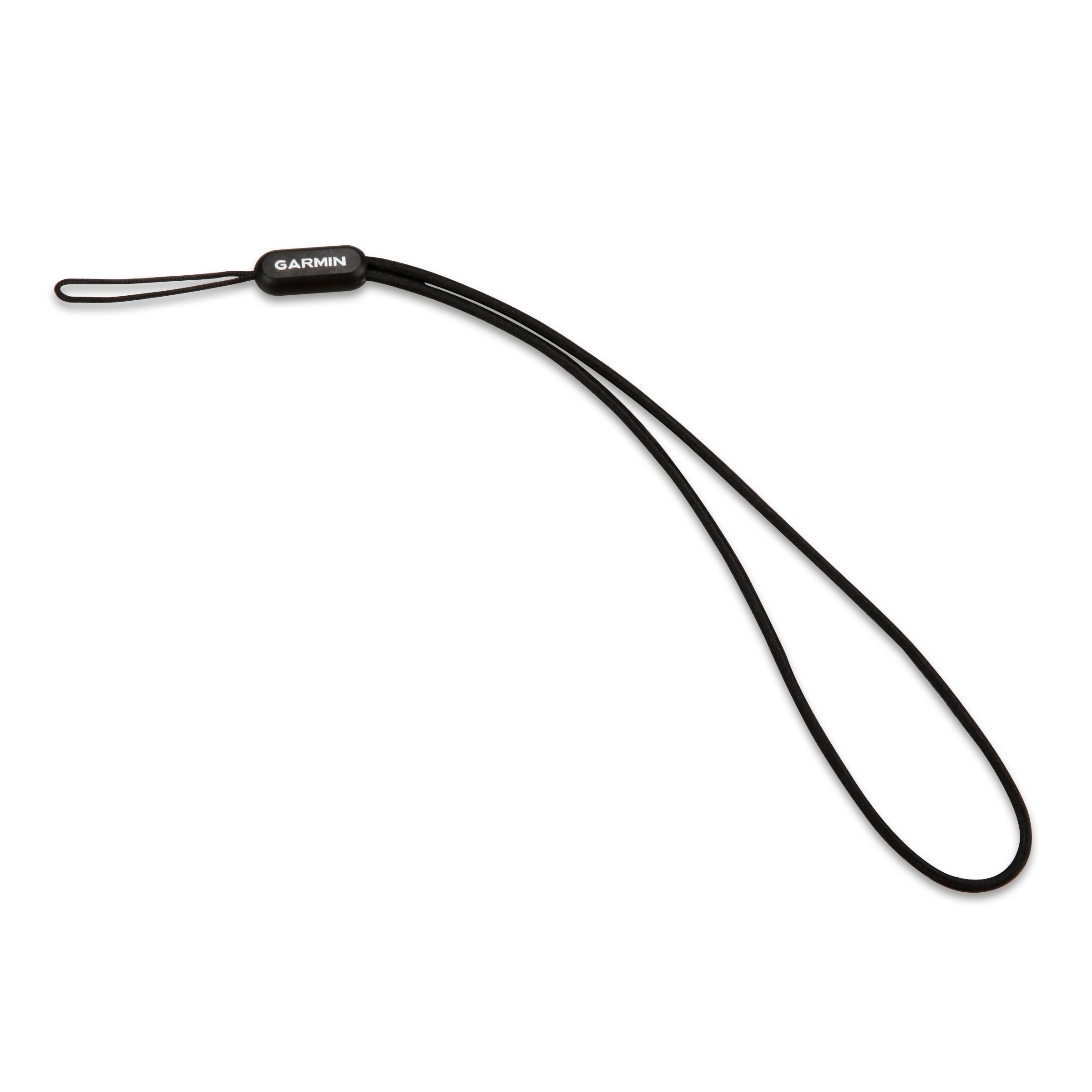 Ein schwarzes Garmin-Handgelenkband mit schwarzem Garmin-Markenanschluss und einer Schlaufe.
