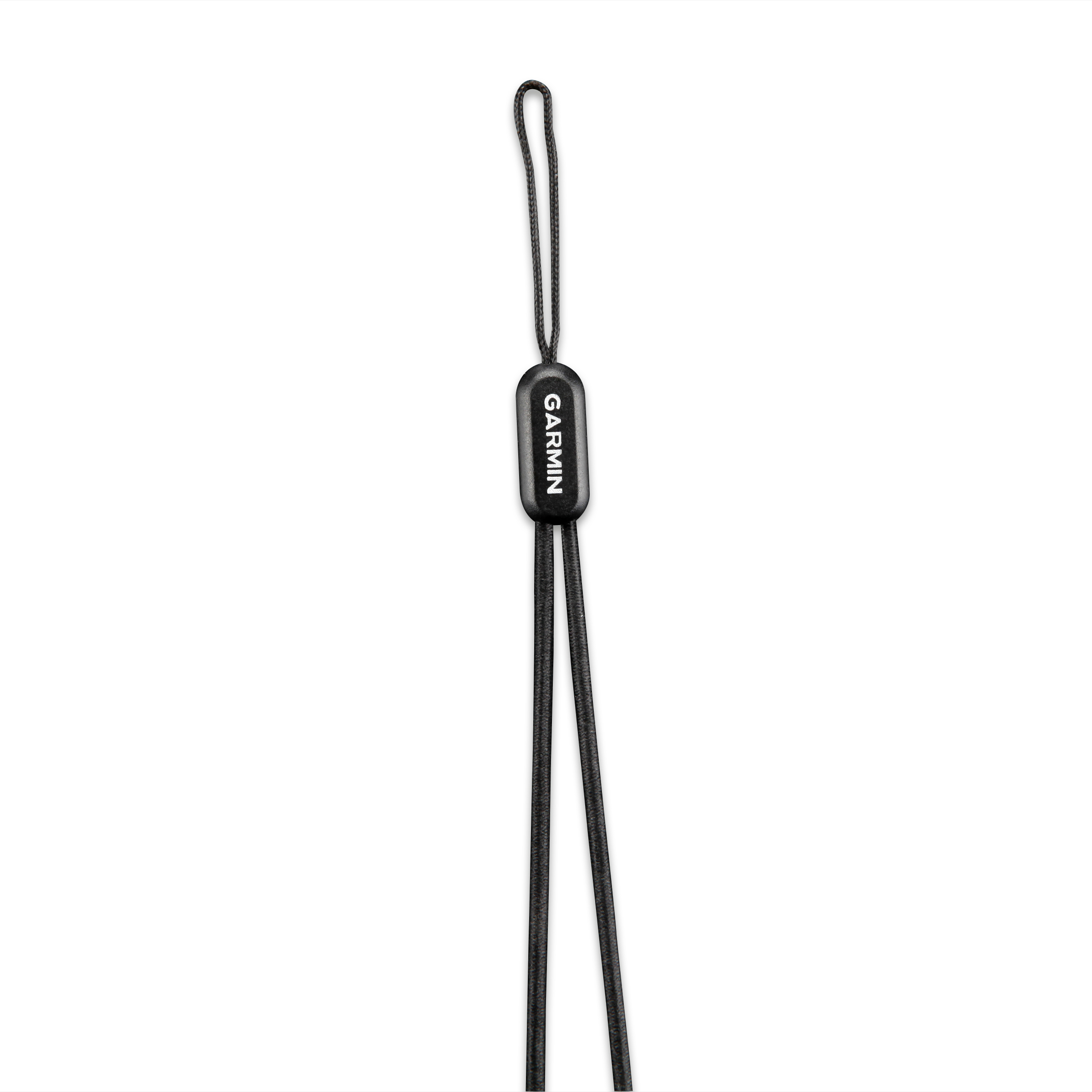 Schwarzes Garmin-Lanyard mit schwarzem Garmin-Logo auf weißem Hintergrund.