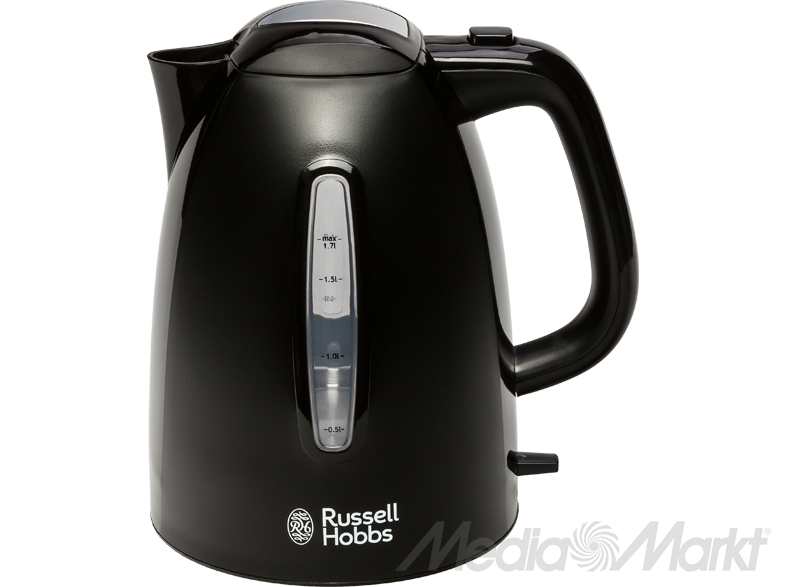 Fekete Russell Hobbs vízforraló, vízszintjelzővel és a márka logójával.