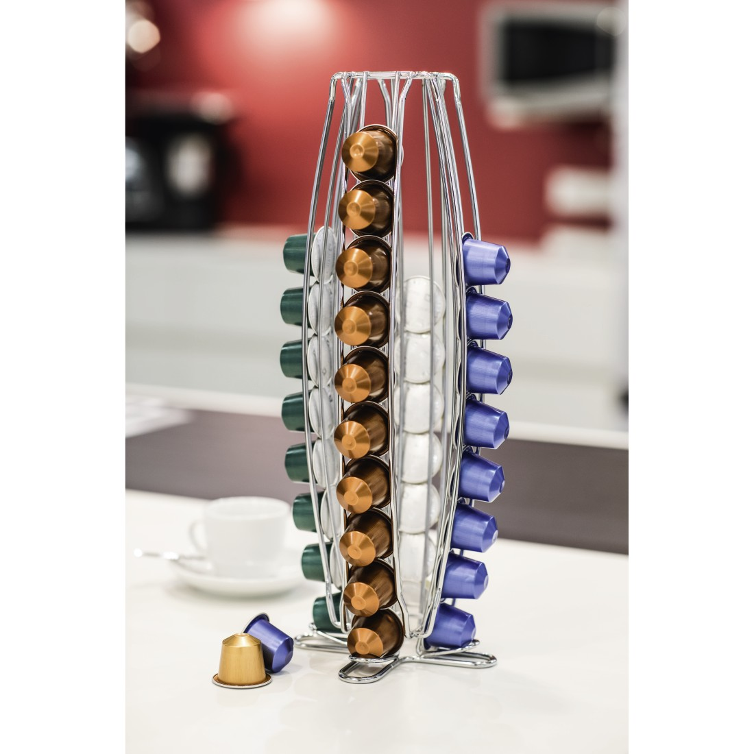 Porte-capsules Torre Pour Nespresso - Distributeur Métallique Argenté Pour 40 Capsules | Rangement élégant Et Rotatif