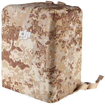 Un étui carré, beige et camouflage marron, avec le logo DJI blanc.
