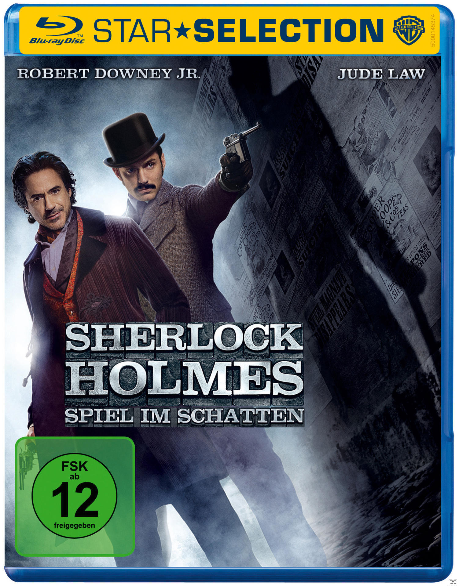 Sherlock Holmes Filmcover. Zwei Männer, einer hält eine Pistole, im Schatten.