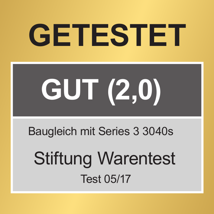 Eine Bewertung 'GUT (2,0)' von Stiftung Warentest, mit dem Text 'Baugleich mit Series 3 3040s' darunter.