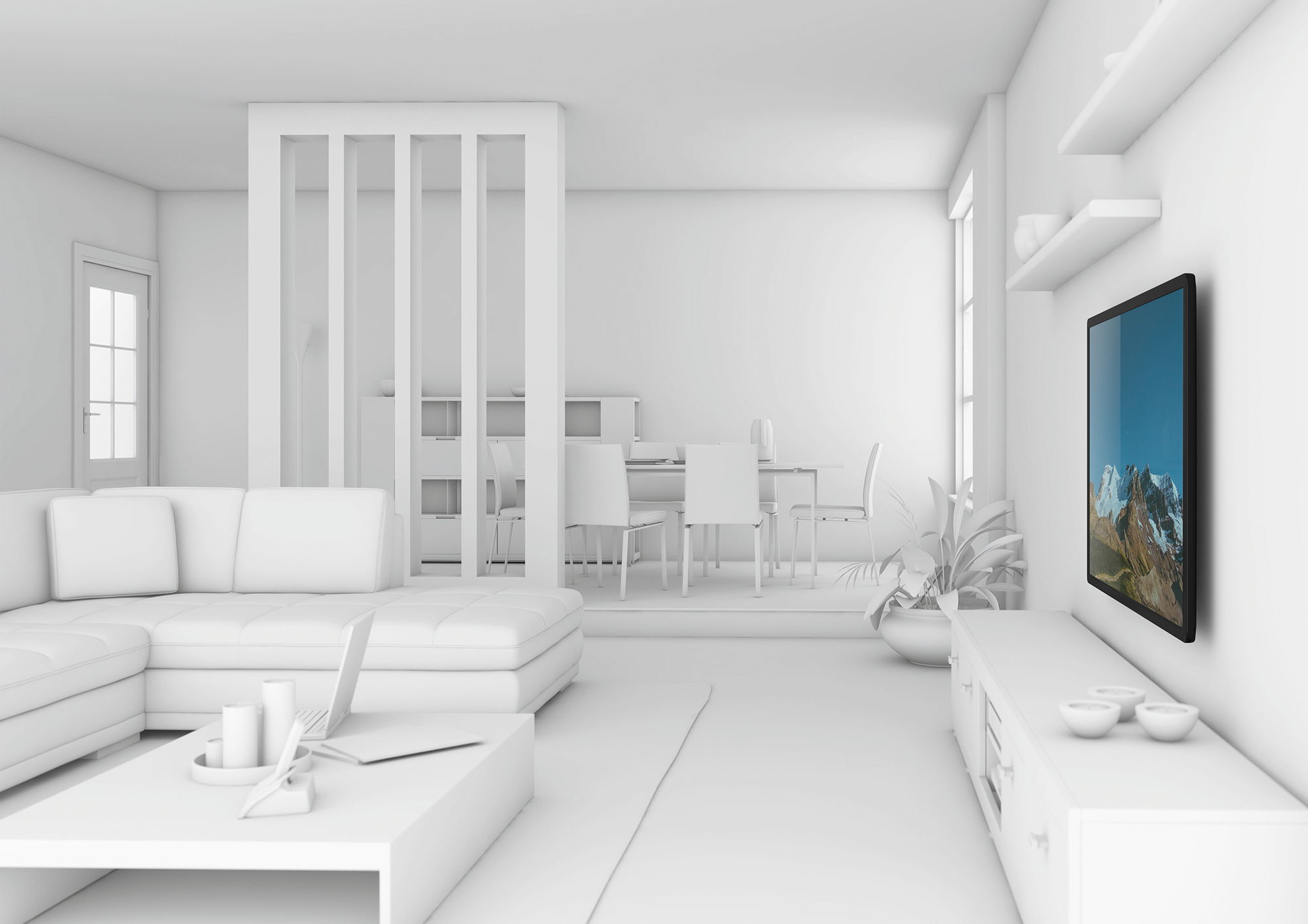 Monochroom woonkamer. Bank, tafel, tv aan de muur en eettafel op de achtergrond.