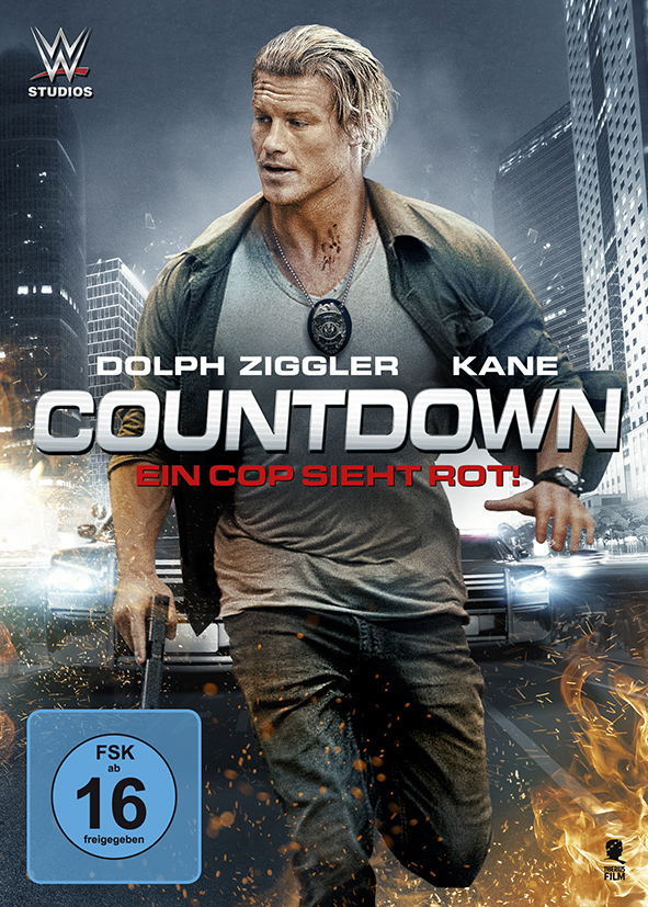Filmcover mit Dolph Ziggler und Kane. Mann in Lederjacke mit Pistole. Stadt im Hintergrund. Deutscher Text.