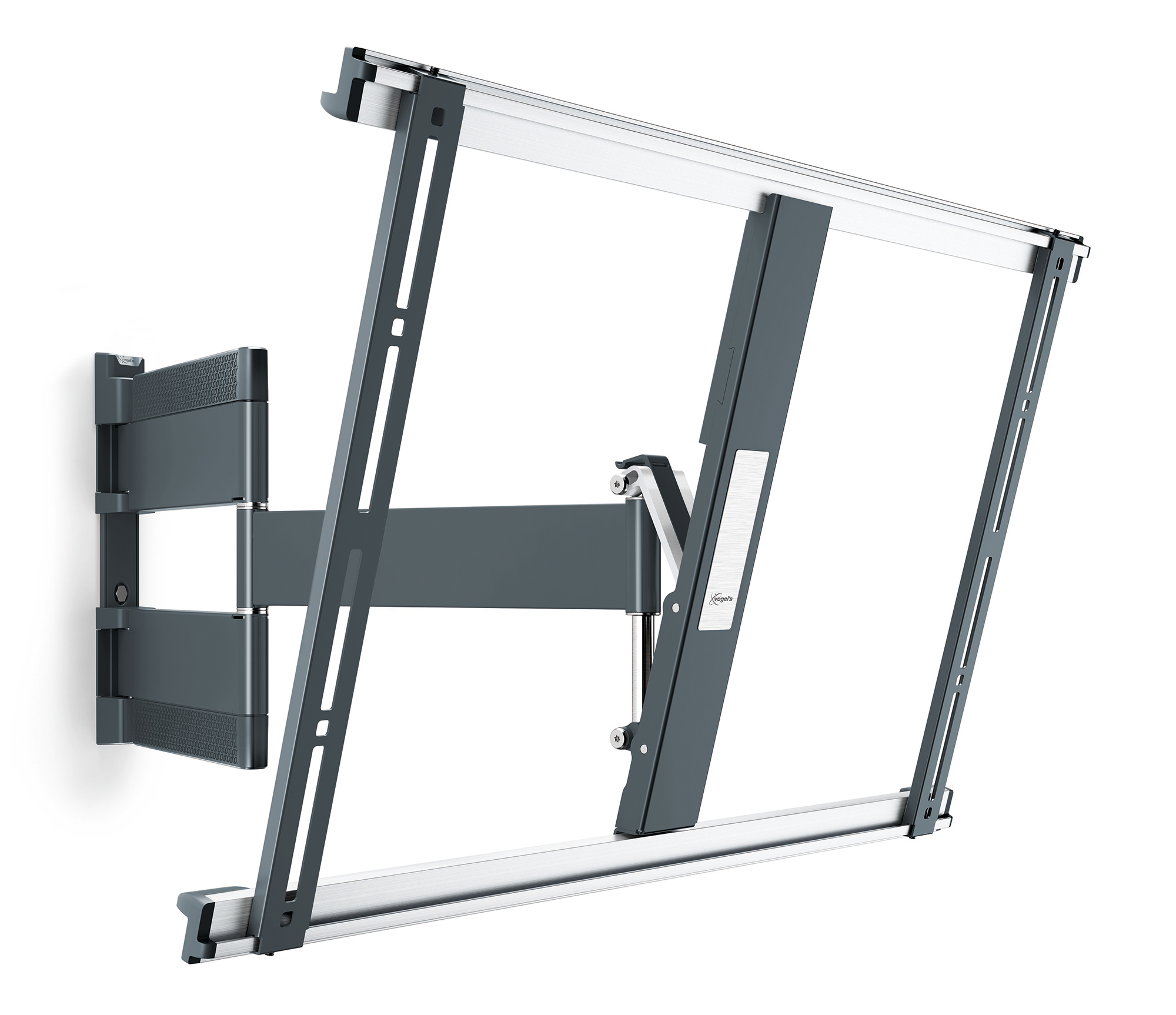 Wandbeugel voor een tv, aluminium en grijs. Twee armen strekken zich uit. Witte achtergrond.