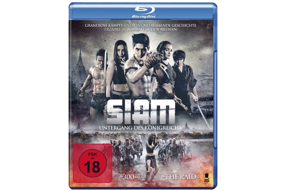 Filmcover mit Kampfsportlern und dem Titel 'Siam'. Eine Menschenmenge im Hintergrund.