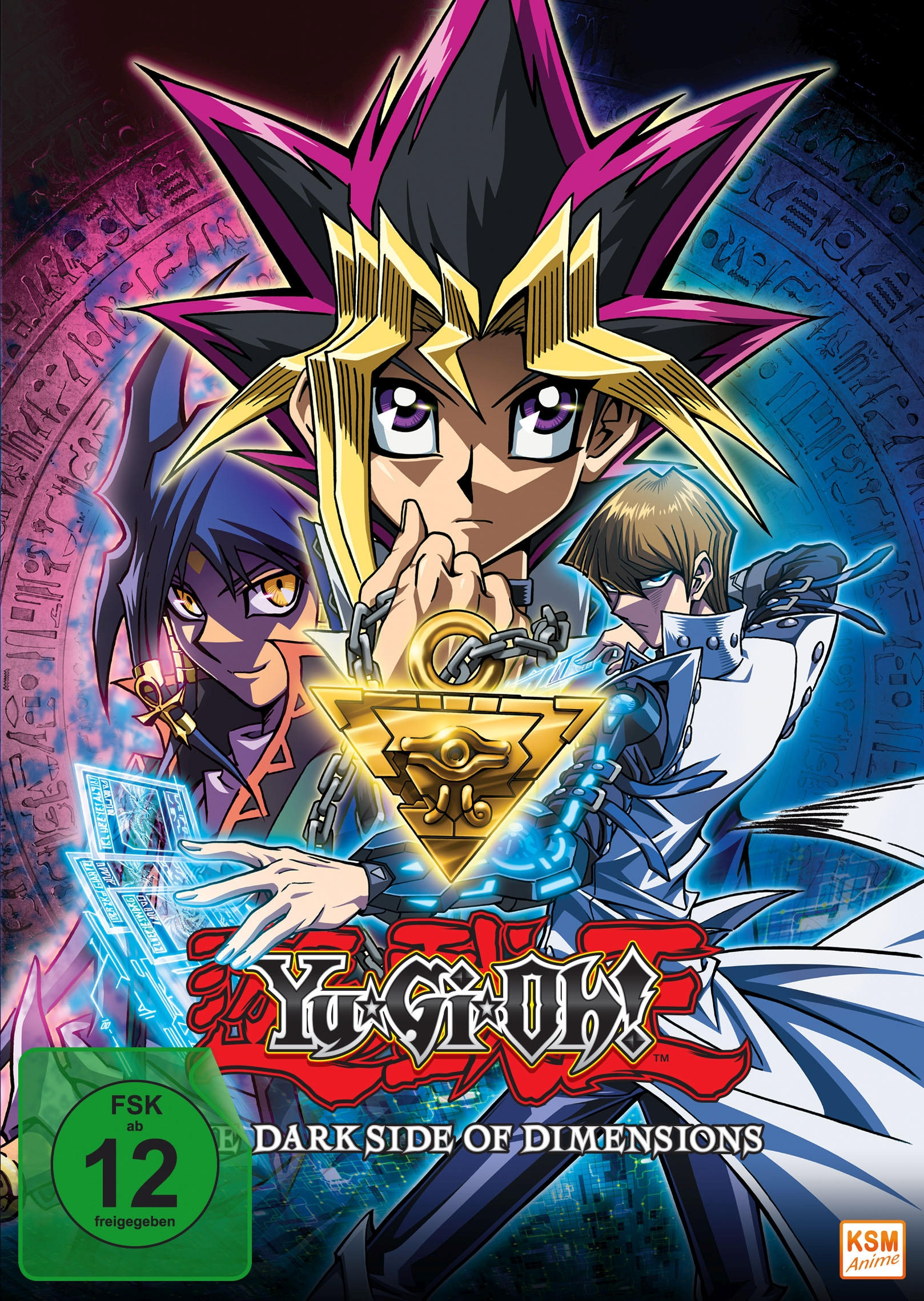 DVD-Cover für Yu-Gi-Oh! Dark Side of Dimensions. Drei Charaktere, Anime-Stil, farbenfroh.