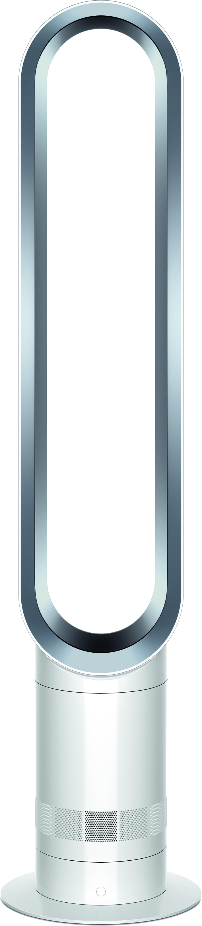 Ein weißer und silberner Dyson-Ventilator. Es ist ein hoher, oval geformter, blattloser Ventilator.