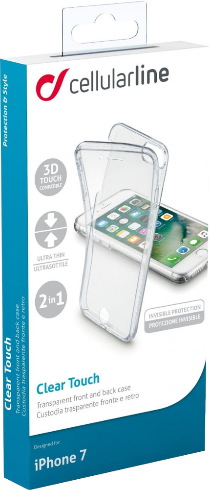 Coque transparente pour iPhone dans une boîte. La boîte porte le nom de la marque et un graphique du téléphone.