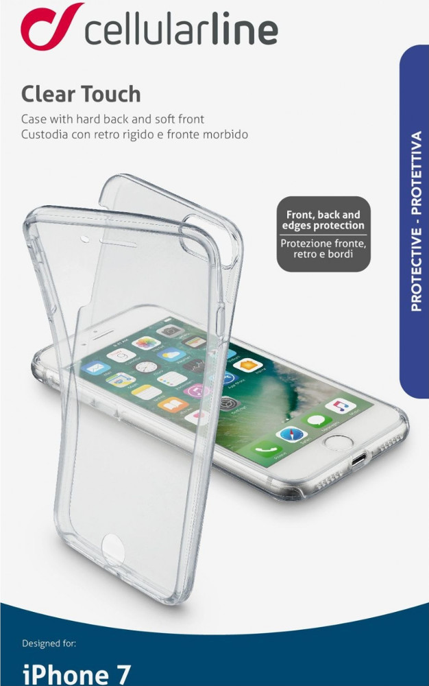 Coque de téléphone transparente sur un téléphone, avec un fond blanc. Texte sur la coque : Clear Touch.